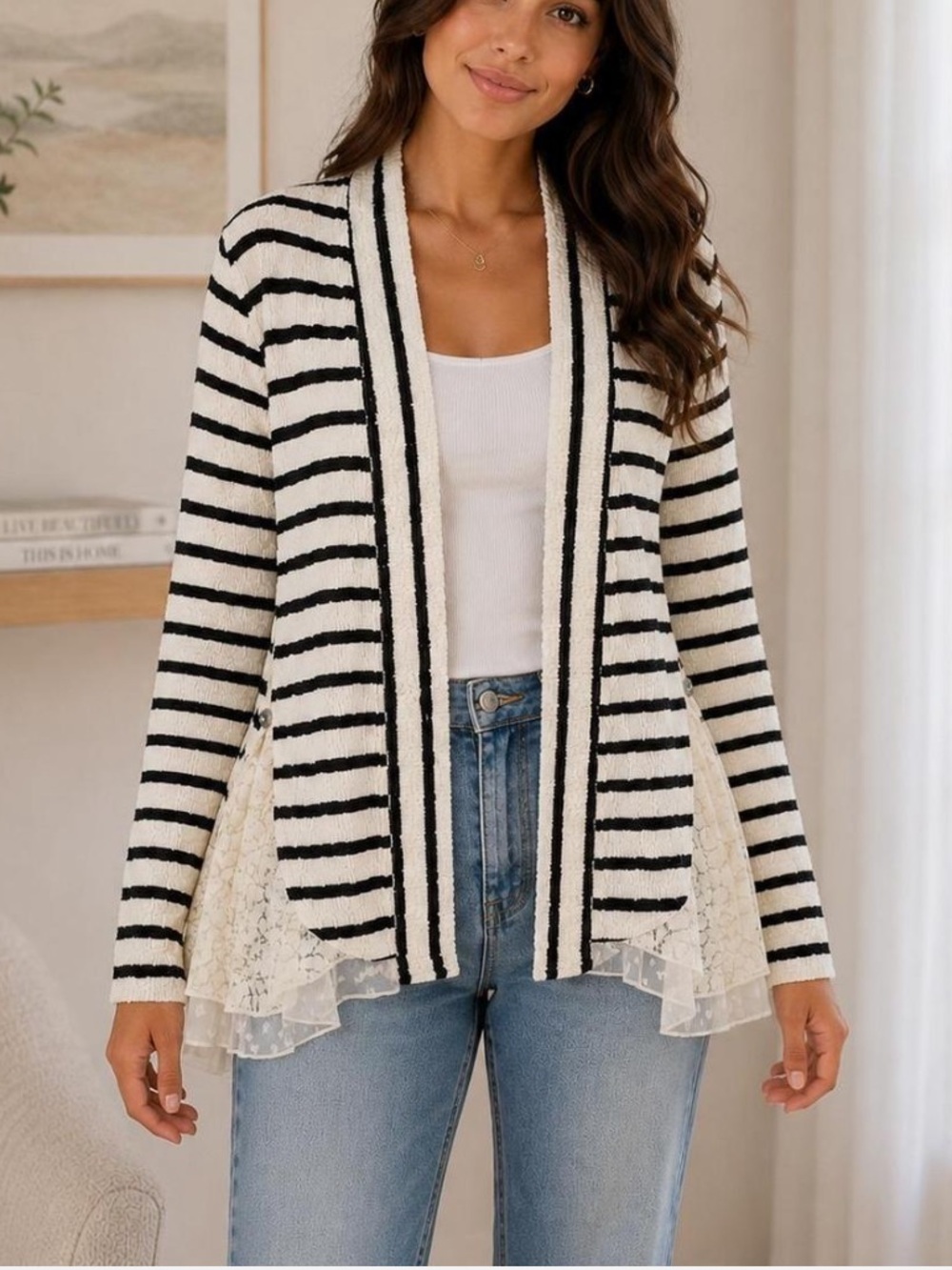 Anthropologie Postmark navy and white striped open-front cardigan